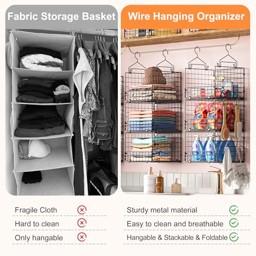 Sonyabecca 3-Tier Hanging Closet Organizer, Foldable Cabinet Wire Storage Basket Bins with 5 S Hooks, Closet Shelves & Hanging Closet Shelf for Clothing, Sweaters, Handbags, Hats
