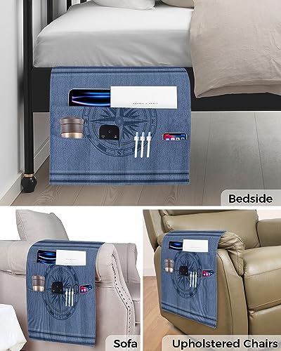 Sofa Armrest Organizer Bedside Caddy, Nautical Compass Non Slip Couch Remote Control Holder for Recliner, Navy Blue Striped Coastal Compass Arm Chair Caddy with Pocket for Magazine, Phone, 19.7"x35" - size: 19.7x35 in