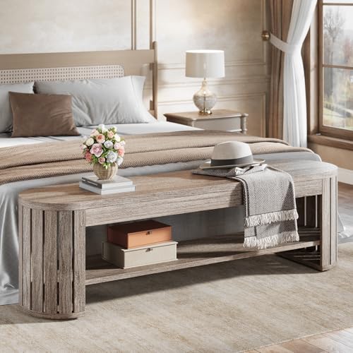 Tribesigns 63" Wooden Entryway Bench with Shoe Storage, Long 2-Tier Narrow Shoe Bench with Arc Vertical Slat Splicing Legs, End of Bed Stool for Bedroom, Entrance, Living Room (Beige Gray) - color: Beige Gray