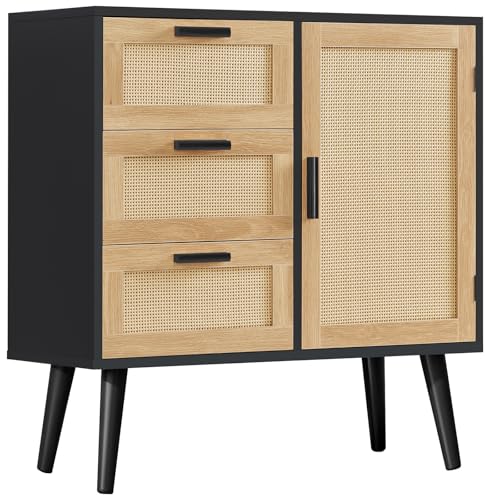 Iwell Storage Cabinet with Rattan Door & 3 Drawers, Rattan Cabinet with Adjustable Shelf, Sideboard Buffet Cabinets with Storage, Entryway Cabinets, for Living Room, Dining Room, Entryway, Black - color: Natural + Black, 3 Drawers
