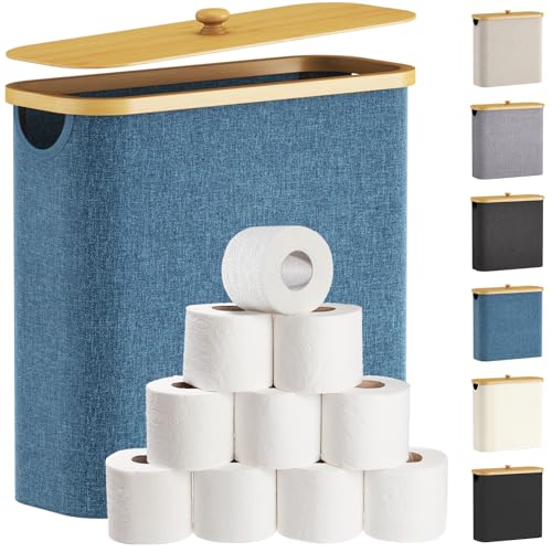Lifewit Toilet Paper Storage Holder for 12 to 16 Rolls, Free Standing Toilet Paper Basket Stand with Bamboo Lid, Collapsible Fabric Bathroom Organizer Box for Mega Rolls, 30L, Extra Large, Dark Blue - color: Dark Blue, size: 30L