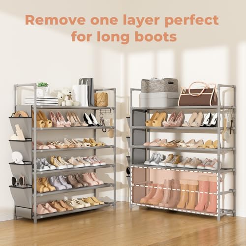 LANTEFUL 6 Tier Shoe Rack Storage for 24-30 Pairs Shoe and Boot, Shoe Organizer with Hook and Side Pocket Free Standing Long Shoe Shelf Tall Shoe Rack Organizer for Closet, Entryway, Dorm, Grey - color: Grey