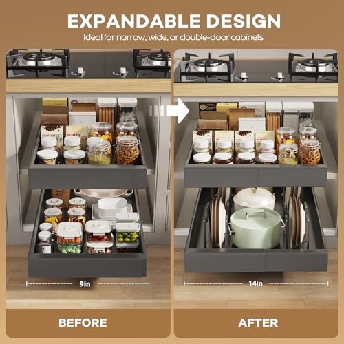 Seinloes 2 Pack Pull out Cabinet Organizer 21" Deep With Raising Pad for Framed Cabinets, Expandable (9"-14" W) Slide out Drawers for Kitchen Cabinets with 4pcs Divider Racks, Roll out Shelves, Black - color: Black, size: 9"-14"W x 21"D(2Pack)