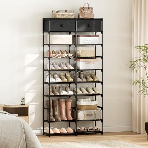 Tall Shoe Rack, 10 Tier Shoe Rack Organizer with 2 Large Drawers, Shoe Storage for 36-40 Pairs, Sturdy Metal Shoe Shelf Shoe Stand for Closet Entryway, Black Grey - color: Black Grey, size: 10 Tier