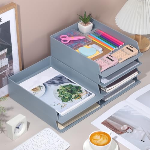 Wenqik 6 Pcs Stackable Paper Trays Rectangular Plastic Desk Holder Desktop Document File Organizer Storage Letter for Office Classroom (Gray) - color: Gray