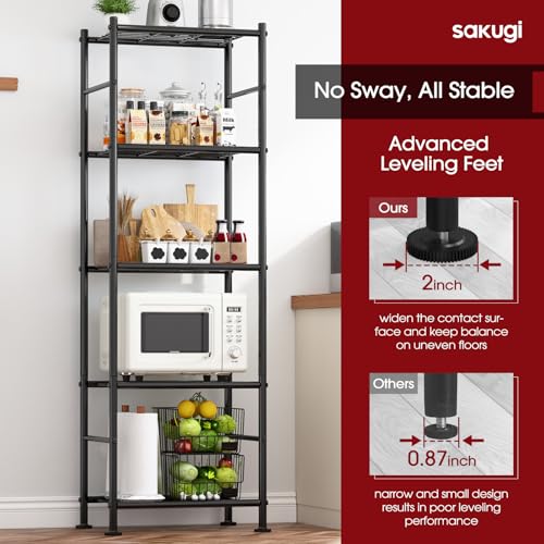 Sakugi Storage Shelves - 5 Tier Shelf Organizer, Heavy Duty Garage Shelving Unit with Leveling Feet, Stable Metal Shelves Organizer for Pantry, Kitchen and Closet, 18.4" W x 12.6" D x 57.4" H, Black - color: Black, size: 18.4W×12.6D×57.4H(5T)