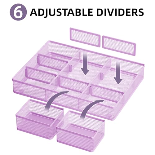 Marbrasse 3 Packs Desk Drawer Organizers, Metal Mesh Dividers with 9 Adjustable Compartments, Pen Organizer for Drawer Tray Box Accessories for Desktop,Kitchen, Makeup(Purple) - color: Purple