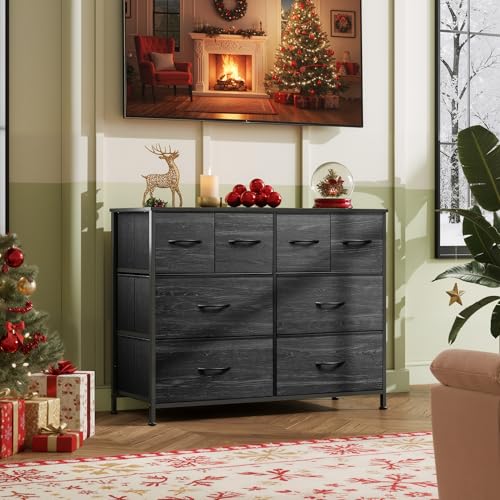 WLIVE Dresser for Bedroom with 8 Drawers, Wide Fabric Dresser for Storage and Organization, Bedroom Dressers, Chest of Drawers for Living Room, Closet, Hallway, Charcoal Black Wood Grain Print - color: Charcoal Black Wood Grain Print, style: 8 Drawers