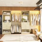 Unikito Closet System, 6-14FT Walk in Closet Organizer with 8 Drawers and Mirror, 168" Wood Closets Insert with Tower, Sturdy Wardrobe Closets Garment Rack with Extendable Hanging Rods, White Oak