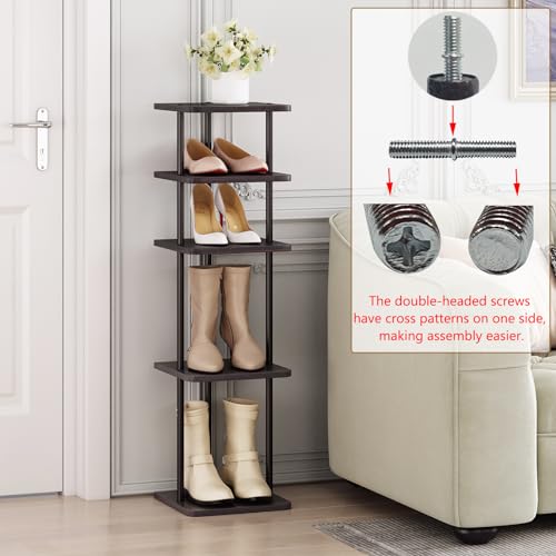 SORCEDAS 5 Tiers Vertical Shoe Rack Wooden Shoe Storage Organizer for Space Saving Narrow Shoe Shelf Storage 5 Pairs for Entryway Living Room Bedroom(Black + Rustic Dark Brown) - color: Black + Rustic Dark Brown, size: 5 Tier-Standard
