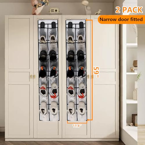 MSLOVE Narrow Over The Door Shoe Organizer, 12 Large Mesh Pockets Hanging Shoe Organizer for Closet Organizers and Storage, White, 2 Pack - color: White