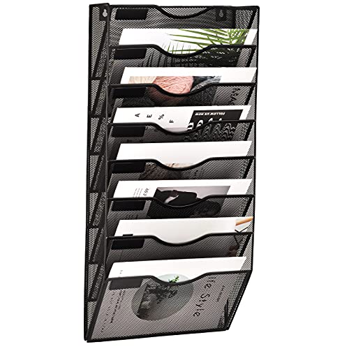 EASEPRES 8 Pocket Mesh Hanging Wall File Organizer, Wall Mounted Mail Paper Document Folder Holder, Clipboard Storage Organization Magazine Rack with Nametag Label for Office Home School, Black - color: Black, size: 8 Tier