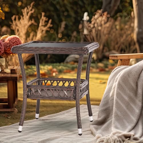 Outdoor Side Table Wicker Outdoor End Table for Patio Outside Brown Patio Coffee Square Tables with Storage & Glass Top for Backyard Porch - color: Espresso Brown
