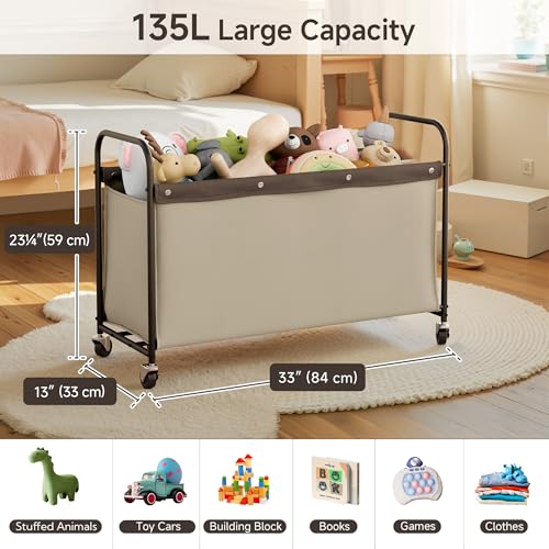 StorageWorks Toy Box with Wheels for Kids, 135L Large Toy Storage Chest and Organizer, 23" Metal Toybox with 360° Swivel Wheels for Bedroom, Kids Room, Stuffed Animal Storage, Light Khaki - color: Light Khaki, size: 33"Lx13"Wx23¼"H