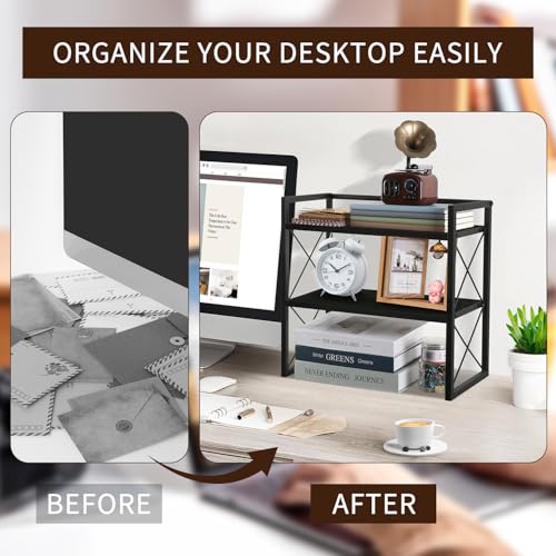 YINMIT Desktop Shelf Organizer, 2 Tier Office Shelves, Wood Desk Organizer Storage Rack and Freestanding Display Shelf for Office, Dormitory, Home(Black) - color: Black