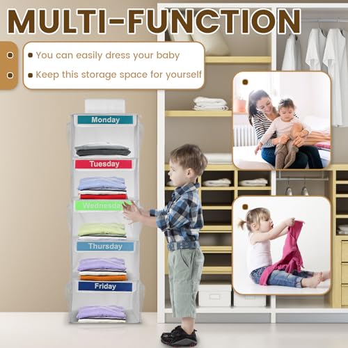 Weekly Clothes Organizer for Kids, Monday-Friday Daily Clothes Organizer and Storage, 5 Shelf Polyester Door Hanging Closet with Color Labels for Days of The Week Clothes Diaper Hats Bags Organization - color: white