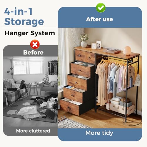 DUMOS Dresser for Bedroom with Hanging Rack, 6 Drawer Fabric Dresser with Charging Station and LED Lights, Closet Organizer & Storage Tower for Living Room, Entryway, Apartment, Rustic Brown - color: Brown, size: 15.8"D x 47.2"W x 49.2"H (6 Drawers)