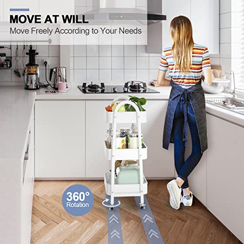 EAGMAK 3 Tier Utility Rolling Cart, Metal Storage Cart with Handle and Lockable Wheels, Multifunctional Storage Organizer Trolley with Mesh Baskets for Kitchen, Living Room, Office, Garage (White) - color: White, size: Normal