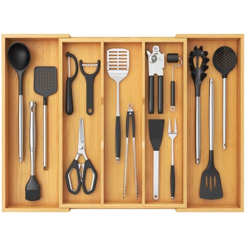 Lifewit Utensil Organizer for Kitchen Drawer, Expandable Cooking Utensil Tray, Cutlery Silverware Flatware Holder, Wood Adjustable Spatula Tools Storage Divider, 15.6-28 x 18.5, Natural - color: Natural, size: 15.6~28''W x 18.5'' D