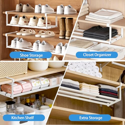 VZZNN 4 Pack Expandable Shoe Rack Organizer, Adjustable Under Shelf Storage for Shoes, Closet Cabinet Shelf Organizer for Home Organization and Space Saving (White)