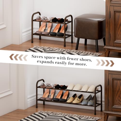 Expandable Shoe Rack, 2-Tier Metal Small Shoe Rack, Adjustable Shoes Organizer, Storage Shelf for Closet, Entryway, Brown - color: Brown, size: 2-Tier