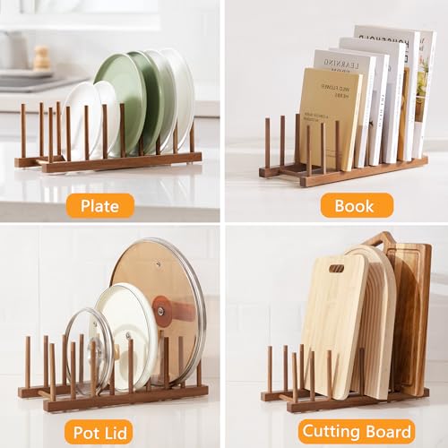 HBlife 2pcs Acacia Wooden Dish Dying Rack Pot Lid Plate Organizer Holder for Cabinet, Cutting Board Stand Drainer Storage Plate Rack for Dish, Pot Lid, Bowl, Cup, Cutting Board and Books - color: Acacia 8 Slots 2pcs