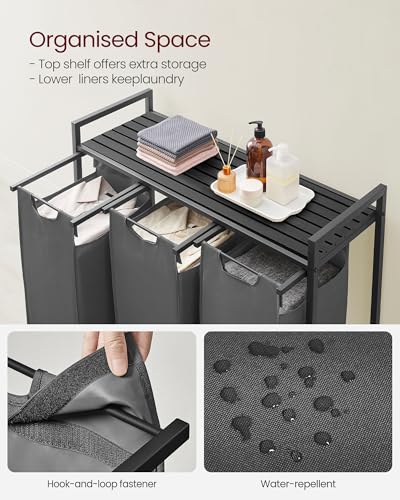 VASAGLE Laundry Hamper, Laundry Basket, Laundry Sorter with 3 Pull-Out and Removable Bags, Shelf, Metal Frame, 3 x 10.6 Gallons (40 L), 36.4 x 13 x 28.4 Inches, Slate Gray and Charcoal Gray UBLH301G01 - color: Slate Gray + Charcoal Gray, size: 3 Bags - 12