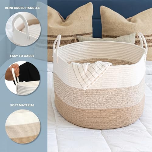 OrganiHaus Large Woven Storage Basket for Blankets and Toys 20" x 13" Inch, Rope Laundry Basket with Handles, Cushions & Pillows Storage Bin, Nursery Hamper, Soft Round Dog Toy Bin - Honey - color: 3-toned Honey, size: Wide