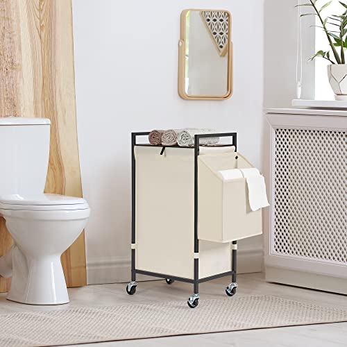 Laundry Hamper with Rustic Brown Lid & Wheels; 96L Large Rolling Laundry Basket with Removable Oxford Liner Bag; Tall Freestanding Dirty Clothes Hamper with Side Pocket; Metal Frame Laundry Cart - color: Beige