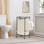 Laundry Hamper with Rustic Brown Lid & Wheels; 96L Large Rolling Laundry Basket with Removable Oxford Liner Bag; Tall Freestanding Dirty Clothes Hamper with Side Pocket; Metal Frame Laundry Cart - color: Beige