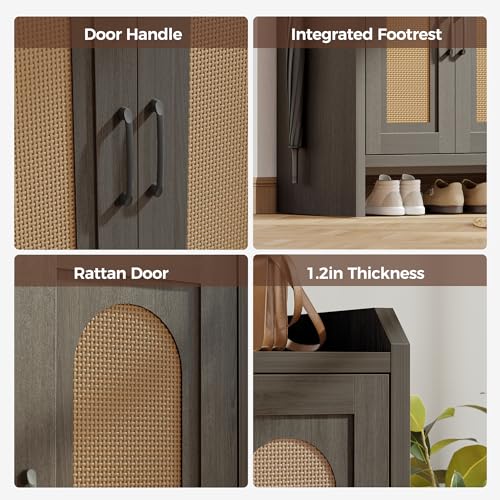 Mericonia Rattan Shoe Storage Cabinet, Farmhouse Shoe Cabinets Storage for Entryway, Boho Wooden Shoe Rack with 3 Doors for Entryway, Hallway (Black, 3 Door) - color: Black, size: 3 Door