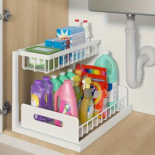 INNOVATIVE LIFE Under Sink Organizer, 1 Pack 2 Tier Under Sink Organizers and Storage, Slide Out Pull Out Cabinet Organizer Shelf, Metal Sliding Drawer for Kitchen， Bathroom，White - size: White (1 Pack)