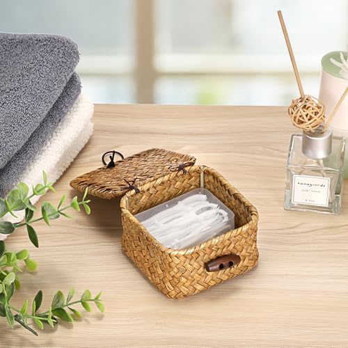 Hipiwe Handwoven Wicker Basket with Lid Desk Organizer for Remote Control Key Glass Coffee Color Seagrass Box for Decoration, Caramel Color 3.5" x 3.5" x 2" - color: Caramel color, size: 3.5" x 3.5" x 2"