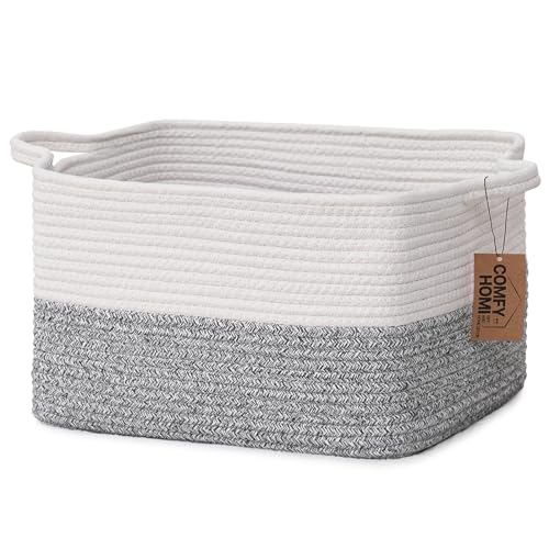 COMFY-HOMI Cotton Rope Woven Basket with Handles for Shelves,Toys,Book, Cloth Storage Baskets Bin for Organizing-13.5"x11"x9.5" Toy Decorative Organizer for Living Room, Bathroom-White/Grey - color: White/Grey, size: 13.5"X11"X9.5"