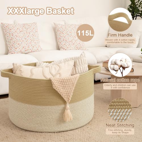 OIAHOMY 115L Extra Large Blanket Basket, 23.6" x 15.4" Woven Cotton Rope Laundry Basket for Organizing Pillows, Decorative Stuffed Animal Toy Storage Bin for Nursery, Jute and White - color: Jute and White, size: 23.6"D x 15.4"H
