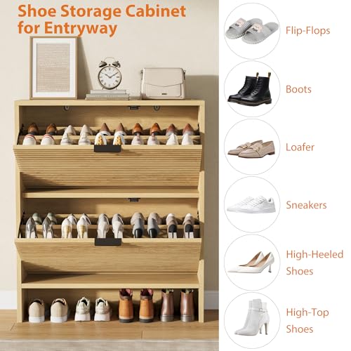 Garvee Shoe Storage Cabinet for Entryway, Fluted Shoe Cabinet with 2 Flip Drawers Doors, 32" Wide Hidden Shoe Rack Tall Freestanding Shoe Organizer for Entrance, Hallway, Living Room, Natural - color: Natural, size: 2 Drawers