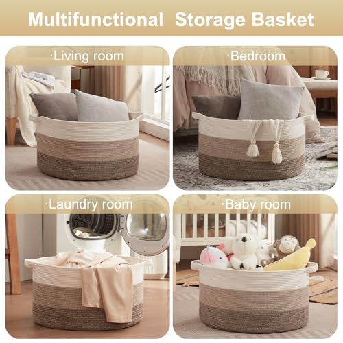 OIAHOMY 105L Blanket Basket for Living Room, Large Basket 23.6" x 23.6" x 14.6" with Handle, Laundry Hamper for Blankets, Pillows, Toy Storage for Kids, Dogs - Gradient Brown - color: Gradient Brown, size: 23.6" x 23.6" x 14.6"