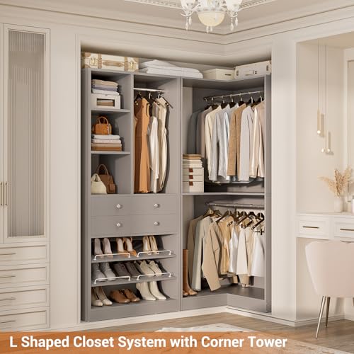 Besiost Closet System with 2 Drawers, 3 Hanging Rods, 59.5" * 31.5" Closet Organizer System with Corner Tower, Reversible L Shaped Walk-in Closet System, Corner Closet System Set of 2, Morandi Grey - color: Morandi Grey, size: 59.5" * 31.5"