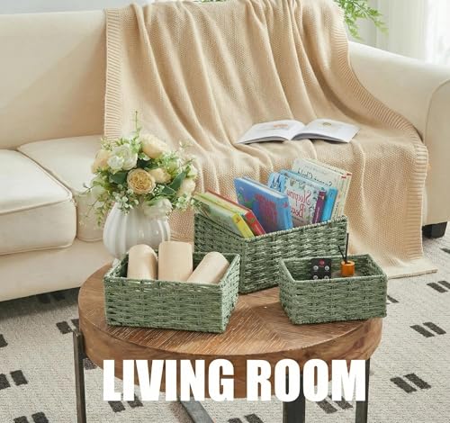Small Wicker Basket for Organizing, Woven Storage Basket Set of 3 - Handwoven Natural Paper Rope Baskets to Declutter Any Room, Perfect for Organizing and Home Decor (Green) - color: Green