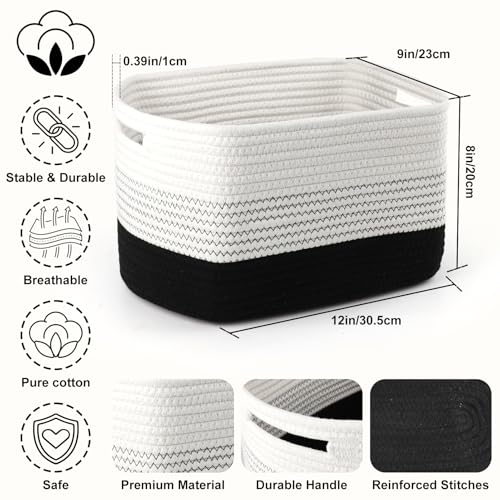 4 Pack Storage Baskets for Organizing, 12''Lx9''Wx8''H Woven Baskets for Storage Toys, Towels, Books, and Clothes, Cotton Rope Basket for Shelves with Handle (White & Black) - color: White & Black