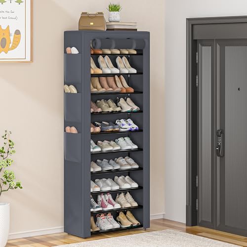 OYREL Shoes Rack 10 Tier Tall Shoe Rack with Storage Pockets, Fabric Covered Shoe Racks,Metal Shoes Rack Organizer for Closets,Bedroom, Garage - color: Grey
