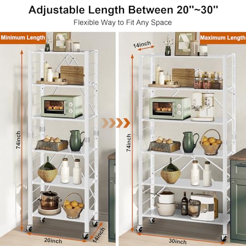 Himix 6 Tier Foldable Storage Shelves, Expandable Folding Bookshelf with Wheels, Changeable into 2 Shelf Units, Collapsible Adjustable Storage Rack Metal Shelves for Garage Kitchen, Basement, White - color: White, size: 6-Tier