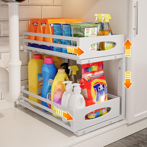 Under Sink Organizer, 2 Tier Under Sink Organizers and Storage, Adjustable Height, Slide out Metal Cabinet Organizers, Pull out Cabinet Storage Drawer Shelf for Kitchen Bathroom (White, 1 Pack) - color: White