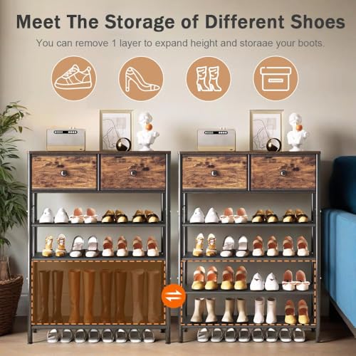 INGIORDAR Shoe Rack Organizer 5 Tier Metal Organizer Shelf with Industrial MDF Board and Layer Fabric for Entryway Closet Bedroom Living Room Garage (Black+Rustic Brown, 5 Tier with 2 Drawers) - color: Black+rustic Brown, size: 5 Tier with 2 Drawers