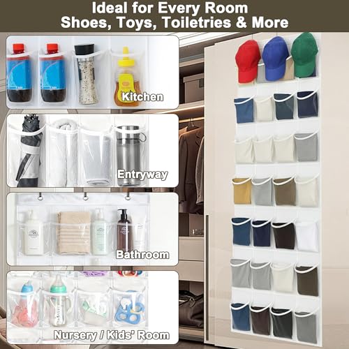 Over the Door Shoe Organizer with 24 Crystal Clear Pockets and Metal Hooks – Heavy Duty Hanging Shoe Storage Rack for Closet, Bathroom, Dorm – Space Saving for Shoes, Accessories, Toys (White) - color: White, size: 1pc