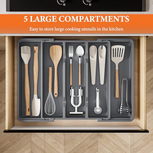 Silverware Organizer, Expandable Utensil Drawer Organizer for Kitchen Drawers, Kitchen Drawer Organizer for Spoons/Forks/Knives, Multipurpose & BPA Free Cutlery Tray, Grey, 1 Pack - color: Gray