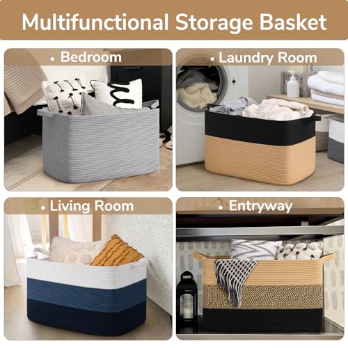 Goodpick Large Woven Blanket Basket 23.6" x 15.7" x 13.8" Cotton Rope Storage Organizer for Dirty Clothes Pillows Toys, Rectangle Wicker Laundry Basket with Handles, Black & Jute Mix - color: Black Jute, size: X-Large(23.6"L x 15.7"W x 13.8"H)