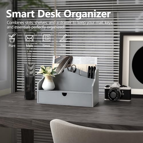Rebee Vision Pine Wood Mail Organizer for Desk - Minimalist Rustic Style Countertop Mail Sorter for Letters, Files & Magazine - Wooden Folder Organizer with Drawer for Office Desk & Home Decor (Gray) - color: A-Gray