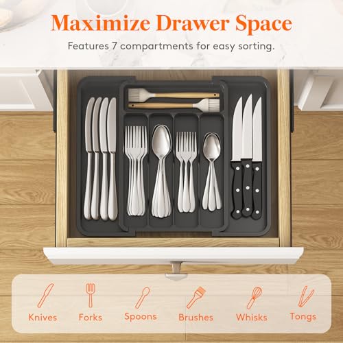 Lifewit Silverware Drawer Organizer, Expandable Utensil Tray for Kitchen, BPA Free Flatware and Cutlery Holder, Adjustable Plastic Storage for Spoons Forks Knives, 8.9-14.7 x 12.2", Black - color: Black, size: Medium Wide (8.9-14.7''W x 12.2''D)