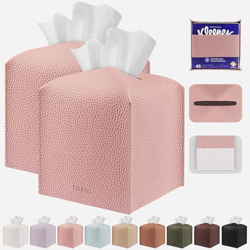 Tissue Box Cover Holder Square Tissue Cube Cover PU Leather Tissue Organizer with Bottom Belt for Bathroom, Tabletop, Car, Night Stands, Office, Home, Kitchen (2, PrettyPink) - color: Prettypink